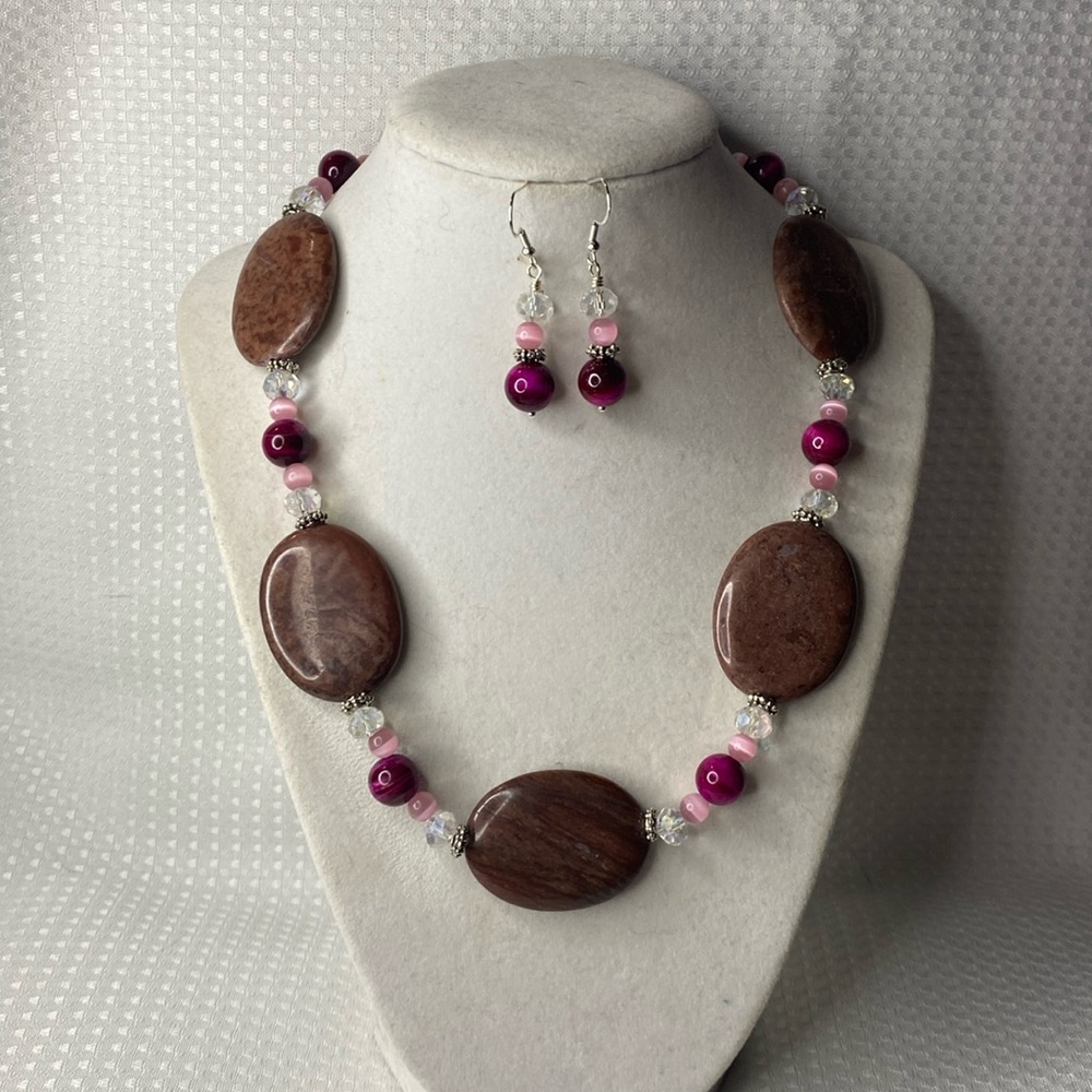 Handcrafted Brecciated Jasper and Hot Pink Tiger’s Eye Necklace Set